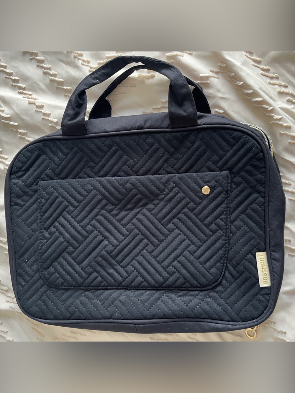 BagSmart Black Quilted Toiletry Bag with Top Handles